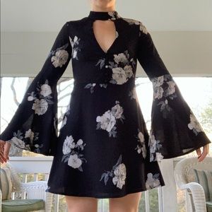 Bell-sleeve Black Floral Dress